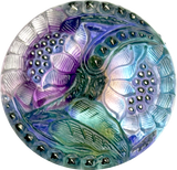 Lotus Flowers with Blue, Czech Glass Button by Susan Clarke, 1-1/16"  #SC-256-C