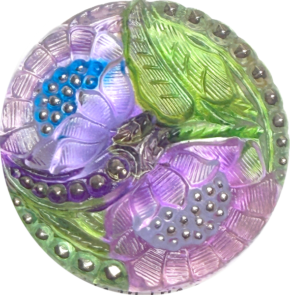 Purplish Lotus Flowers, Czech Glass Button by Susan Clarke, 1-1/16"  #SC-256-D
