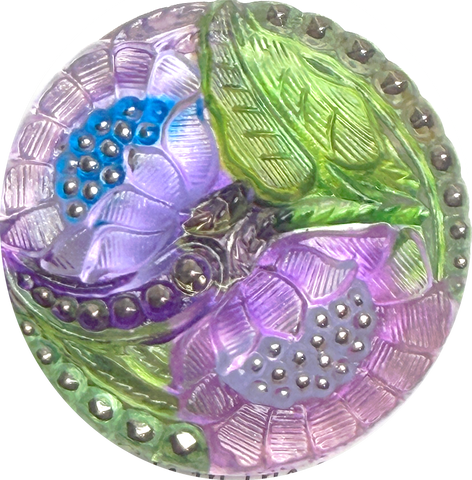Purplish Lotus Flowers, Czech Glass Button by Susan Clarke, 1-1/16"  #SC-256-D
