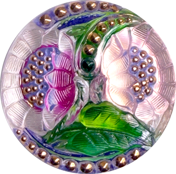 Pinkish Lotus Flowers, Czech Glass Button by Susan Clarke, 1-1/16"  #SC-256-E
