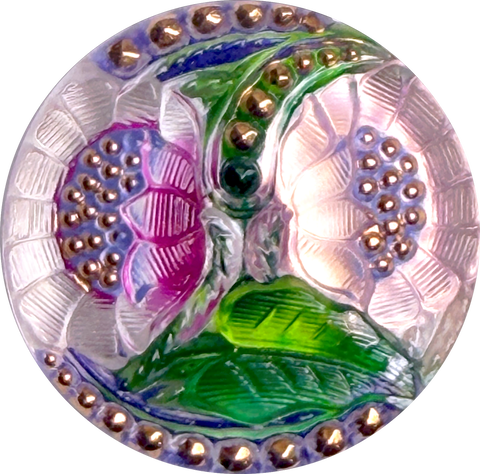 Pinkish Lotus Flowers, Czech Glass Button by Susan Clarke, 1-1/16"  #SC-256-E