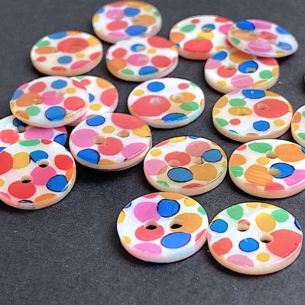 Re-Stocked, Party Spots Shell, 9/16" Colorful 14mm 2-Hole Button, Pack of 20 # LP-127