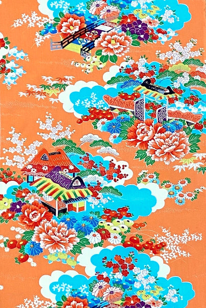 Sale, Coral/Blue Vintage Kimono Chirimen Silk Crepe Print from Japan, Piece 14" x 55" #ZP-14