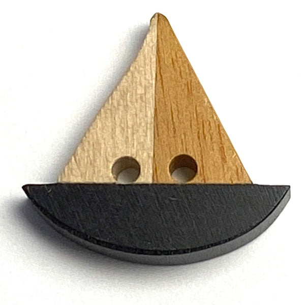 Wooden Boat Button, Black and Tan Sailboat 7/8" Natural Wood #SK-697