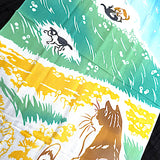 Cats Among Dandelions Tenugui Towel from Japan, 100% Cotton 14" x 35"