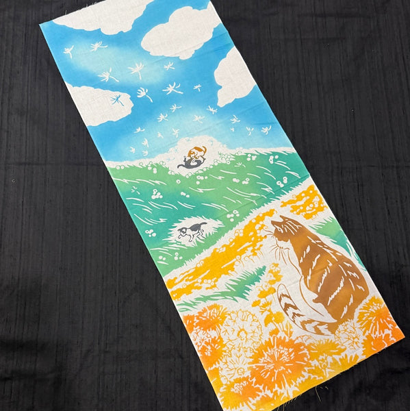 Cats Among Dandelions Tenugui Towel from Japan, 100% Cotton 14" x 35"