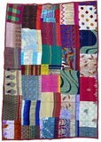 DEEPER SALE Sari Kantha - Peacocks, Shiny Prints with Rust Back, Hand Stitched Patchwork Quilt/Throw 38" x 58" #KN-19