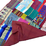 DEEPER SALE Sari Kantha - Peacocks, Shiny Prints with Rust Back, Hand Stitched Patchwork Quilt/Throw 38" x 58" #KN-19