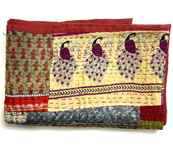 DEEPER SALE Sari Kantha - Peacocks, Shiny Prints with Rust Back, Hand Stitched Patchwork Quilt/Throw 38" x 58" #KN-19