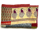 DEEPER SALE Sari Kantha - Peacocks, Shiny Prints with Rust Back, Hand Stitched Patchwork Quilt/Throw 38" x 58" #KN-19