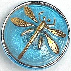 Sky Blue / Gold Dragonfly Translucent Czech Glass Button 18mm / 11/16"  # CZ 023