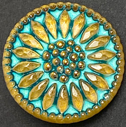Gold+Teal Sunflower Czech Glass Button 3/4" 19mm, Shank Back  #CZ-144
