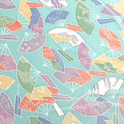 Muted Turquoise, Pastel Fans Vintage Kimono Silk Chirimen Crepe Pieces from Japan, 14" x 62"  # ZP-24