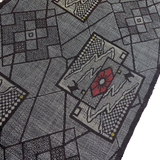Charcoal with Red Camellia Ikat Masterpiece, Vintage Oshima Silk Tsumugi Pongee from Japan, 13.5" x 60" # ZP-28