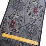 Charcoal with Red Camellia Ikat Masterpiece, Vintage Oshima Silk Tsumugi Pongee from Japan, 13.5" x 60" # ZP-28