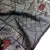 Charcoal with Red Camellia Ikat Masterpiece, Vintage Oshima Silk Tsumugi Pongee from Japan, 13.5" x 60" # ZP-28