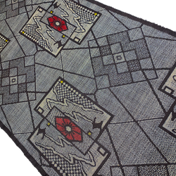 Charcoal with Red Camellia Ikat Masterpiece, Vintage Oshima Silk Tsumugi Pongee from Japan, 13.5" x 60" # ZP-28