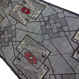 Charcoal with Red Camellia Ikat Masterpiece, Vintage Oshima Silk Tsumugi Pongee from Japan, 13.5" x 60" # ZP-28