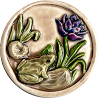 Re-Stocked Frog / Purple Flower, Lilypad Art Stone Button, Taupe, 1-3/8" by Susan Clarke #SC-1066