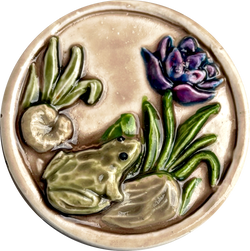 Re-Stocked Frog / Purple Flower, Lilypad Art Stone Button, Taupe, 1-3/8" by Susan Clarke #SC-1066