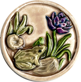 Re-Stocked Frog / Purple Flower, Lilypad Art Stone Button, Taupe, 1-3/8" by Susan Clarke #SC-1066