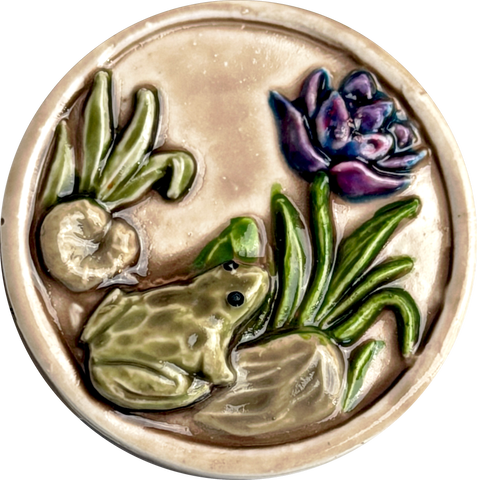 Re-Stocked Frog / Purple Flower, Lilypad Art Stone Button, Taupe, 1-3/8" by Susan Clarke #SC-1066