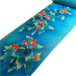 Rich Blues, Hand Painted Buds/Leaves Full 13+-Yard BOLT, Blended Bokashi Chirimen Crepe Vintage Tsukesage Kimono Silk from Japan  #562