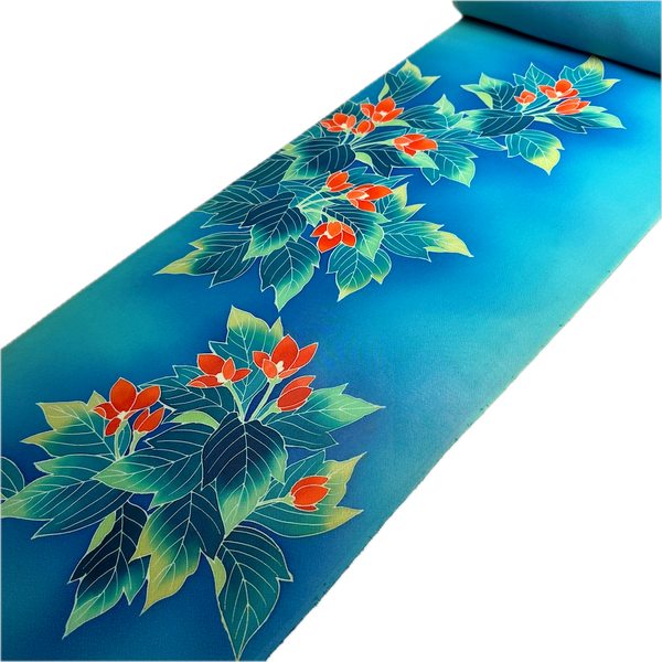 Rich Blues, Hand Painted Buds/Leaves Full 13+-Yard BOLT, Blended Bokashi Chirimen Crepe Vintage Tsukesage Kimono Silk from Japan  #562