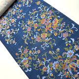 Hidden Flower-Bird from Japan, Vintage Handwoven Tsumugi with Navy Print, Silk By the Yard # 293