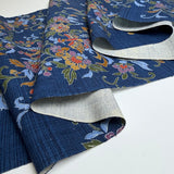 Hidden Flower-Bird from Japan, Vintage Handwoven Tsumugi with Navy Print, Silk By the Yard # 293
