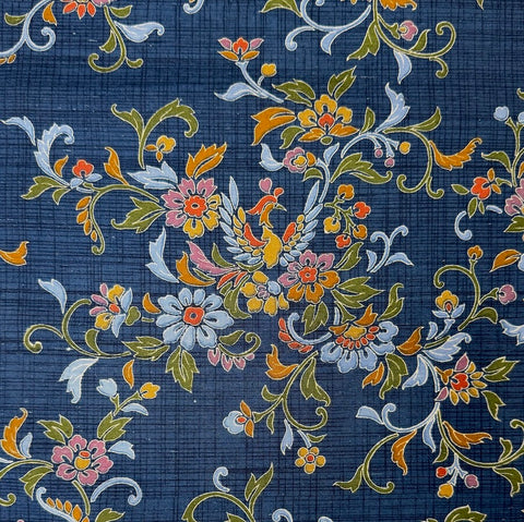 Hidden Flower-Bird from Japan, Vintage Handwoven Tsumugi with Navy Print, Silk By the Yard # 293