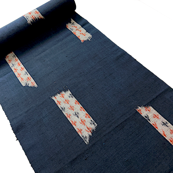 Migration, Midnight Indigo with Gray Ikat Rectangle Windows, Textured Vintage Kimono Silk From Japan By the Yard # 295