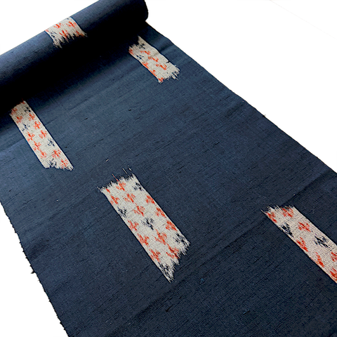 Migration, Midnight Indigo with Gray Ikat Rectangle Windows, Textured Vintage Kimono Silk From Japan By the Yard # 295