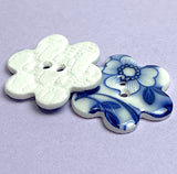 Indigo / White "Summer Night" Flower Shaped Porcelain Button, 1" 2 Holes PACK OF TWO  #KH-13