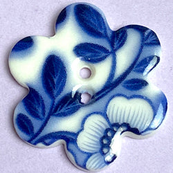 Indigo / White "Summer Night" Flower Shaped Porcelain Button, 1" 2 Holes PACK OF TWO  #KH-13