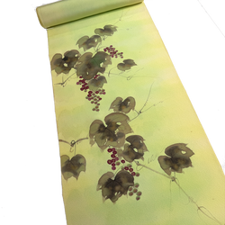 Hand Painted Grapes, Full 13-Yard BOLT, Greens To Yellows Blended Bokashi Chirimen Crepe Vintage Tsukesage Kimono Silk from Japan  #131