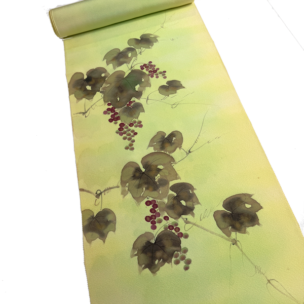 Hand Painted Grapes, Full 13-Yard BOLT, Greens To Yellows Blended Bokashi Chirimen Crepe Vintage Tsukesage Kimono Silk from Japan  #131