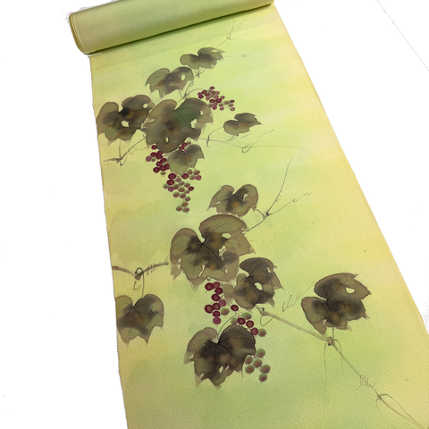 Hand Painted Grapes, Full 13-Yard BOLT, Greens To Yellows Blended Bokashi Chirimen Crepe Vintage Tsukesage Kimono Silk from Japan  #131