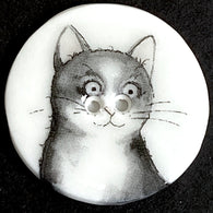 Gray Cat with Big Round Eyes, 1-1/8"-1-3/16" Porcelain Button by Kate Holliday