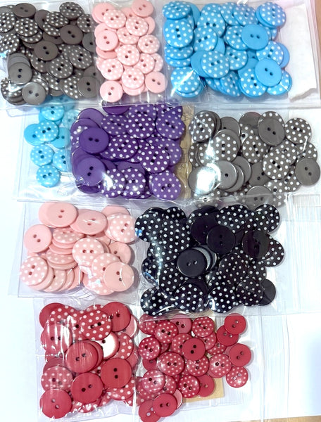 BULK DEAL, Closeout 300+ polka-dot buttons, color/size mix, 9/16" and 11/16", plastic, $45.00 for ALL #SK-849
