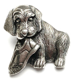 Running Low, Danforth Pewter Dog Button, Rascal Puppy with Sneaker, Danforth USA, # FJ-164