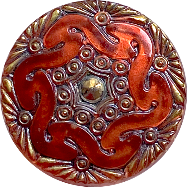 Re-Stocked Rose Amber Handpainted Czech "Lacy" Glass Button 1-1/8", Susan Clarke #SC-1519D