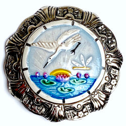 Last One, Heron and Dragonfly, Art Stone in Fancy Metal Frame, Artisan Button by Susan Clarke, 1-3/4" #1159