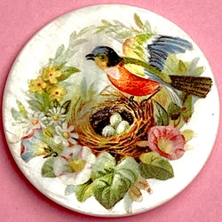 Restocked, Bird at Nest with Three Eggs Mother of Pearl Button by Susan Clarke, 1-3/8"