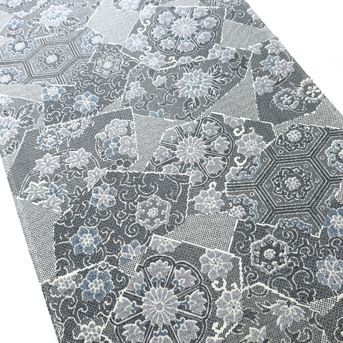Faux Patchwork Vintage Kimono Silk Crepe Print from Japan, Grays/White Drapey, Thin, By the Yard, #154