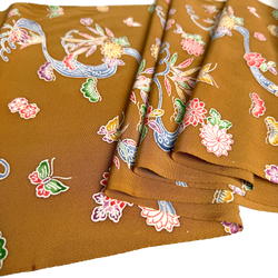 Butterflies at the Stream Bingata, Ochre Brown Vintage Kimono Silk Chirimen from Japan By The Yard #555