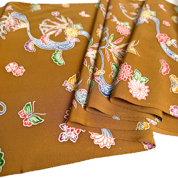 Butterflies at the Stream Bingata, Ochre Brown Vintage Kimono Silk Chirimen from Japan By The Yard #555