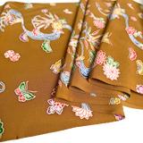 Butterflies at the Stream Bingata, Ochre Brown Vintage Kimono Silk Chirimen from Japan By The Yard #555