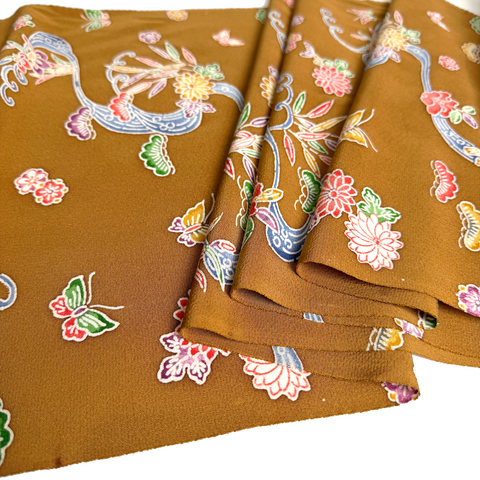 Butterflies at the Stream Bingata, Ochre Brown Vintage Kimono Silk Chirimen from Japan By The Yard #555