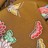 Butterflies at the Stream Bingata, Ochre Brown Vintage Kimono Silk Chirimen from Japan By The Yard #555